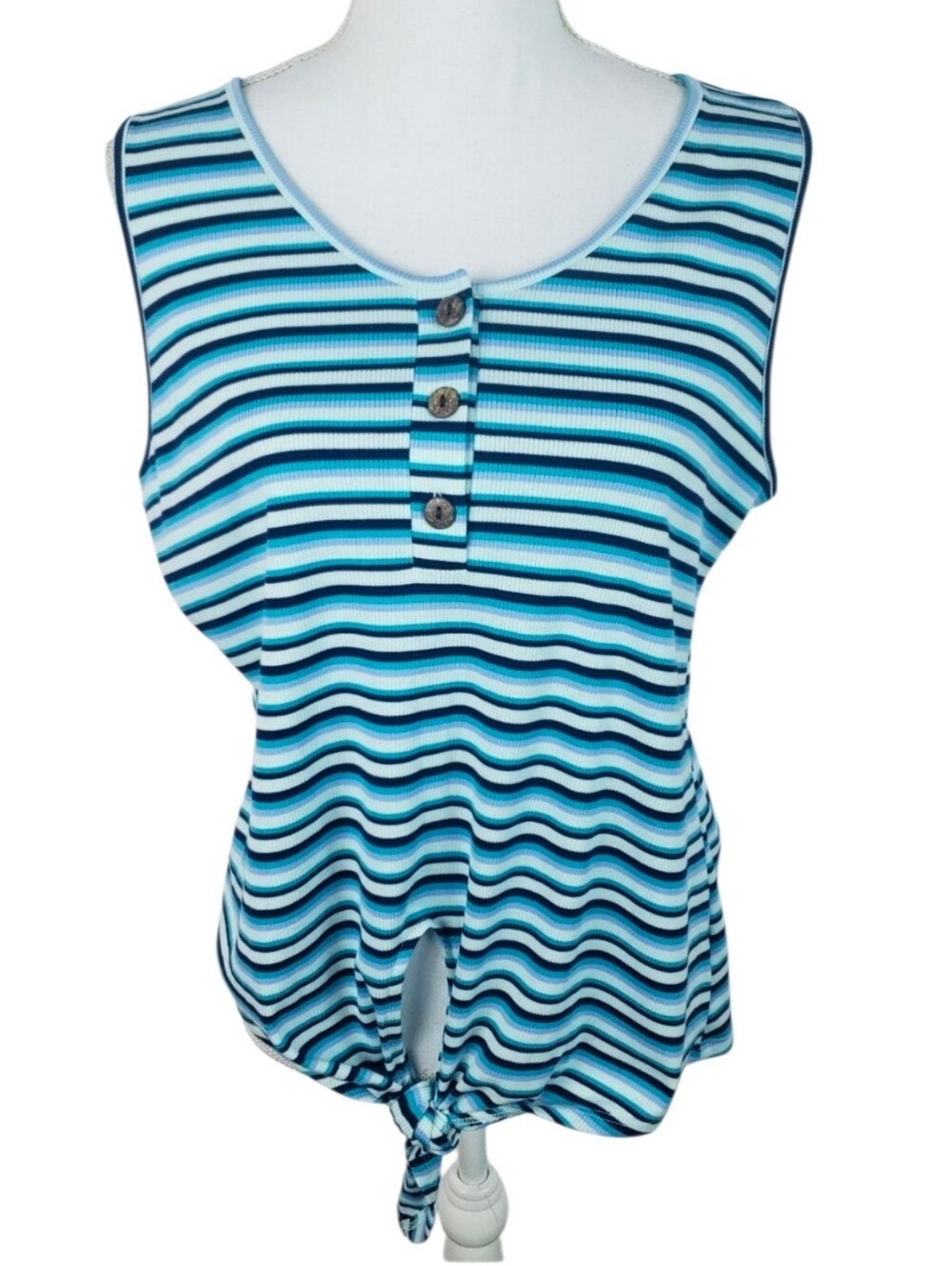A.N.A Womens Medium Striped Sleeveless Tank Top Blue Aqua Tie Front Rib Knit